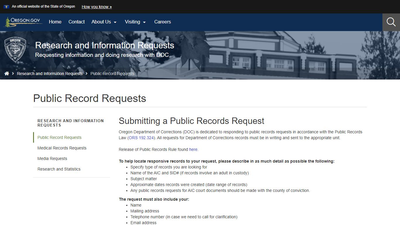 Department of Corrections : Public Record Requests - Oregon