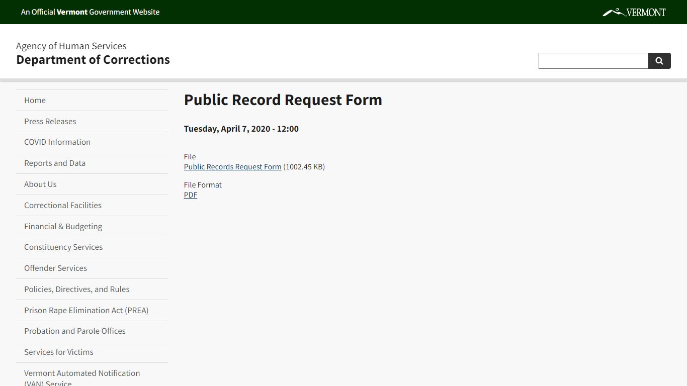 Public Record Request Form | Department of Corrections